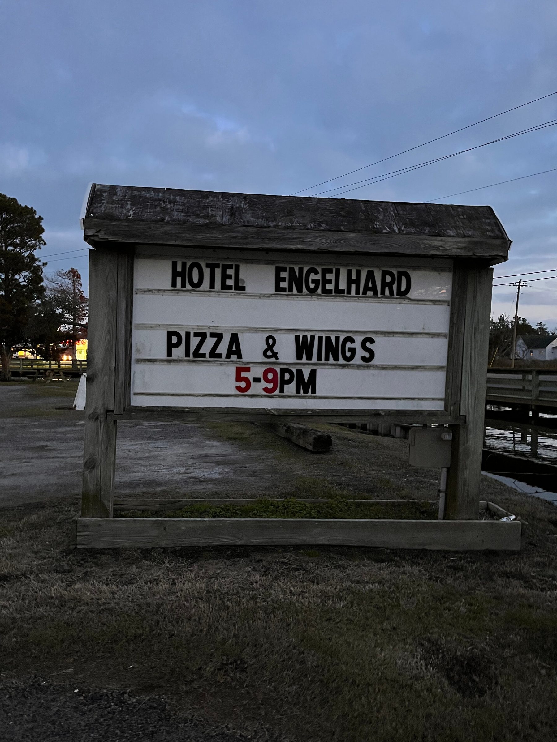The Hotel Engelhard sign — pizza and wings 5 to 9 p.m.